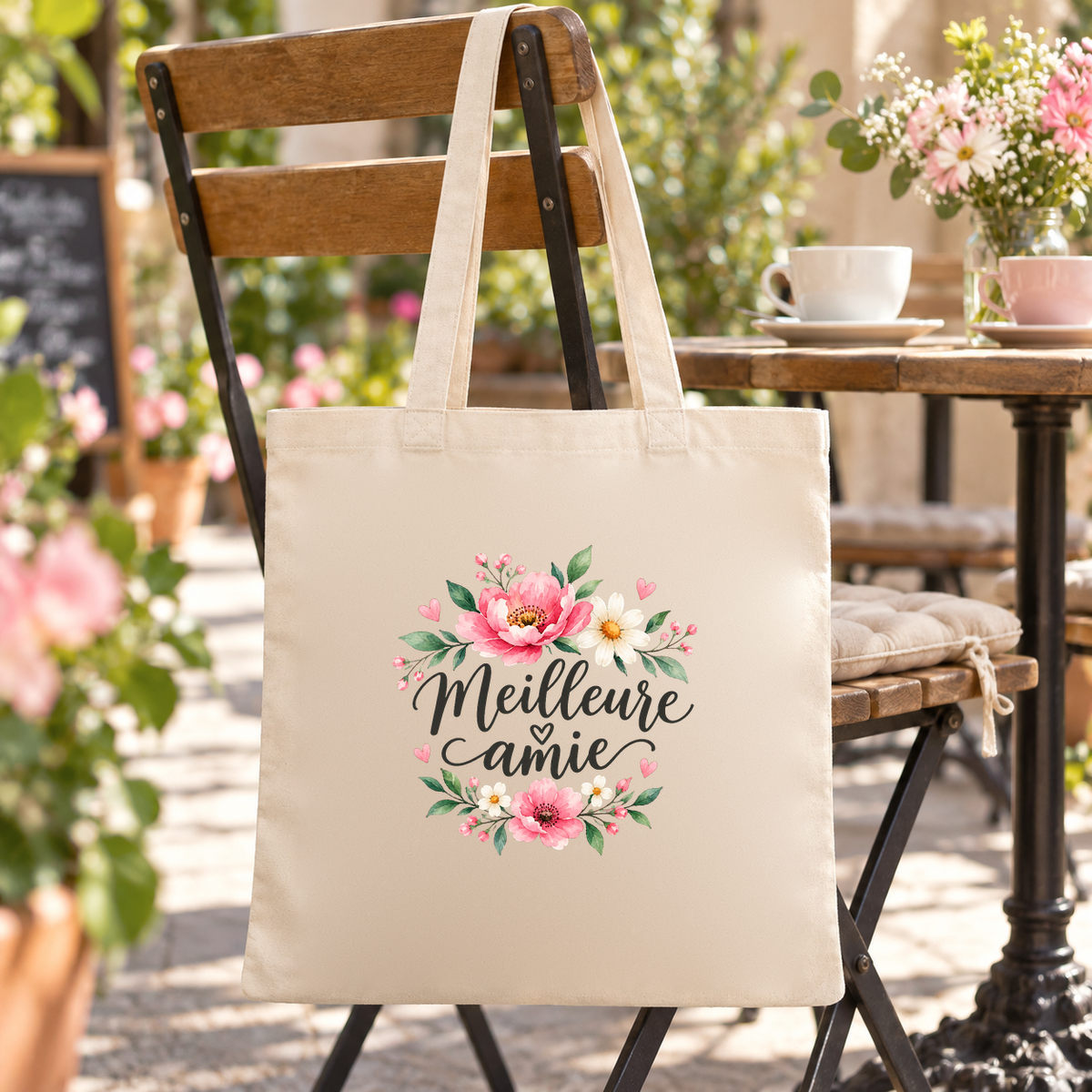 Tote bag meilleure amie « Meilleure amie » Essentiel suspendu à une chaise de bistrot en terrasse, à côté d'un cappuccino