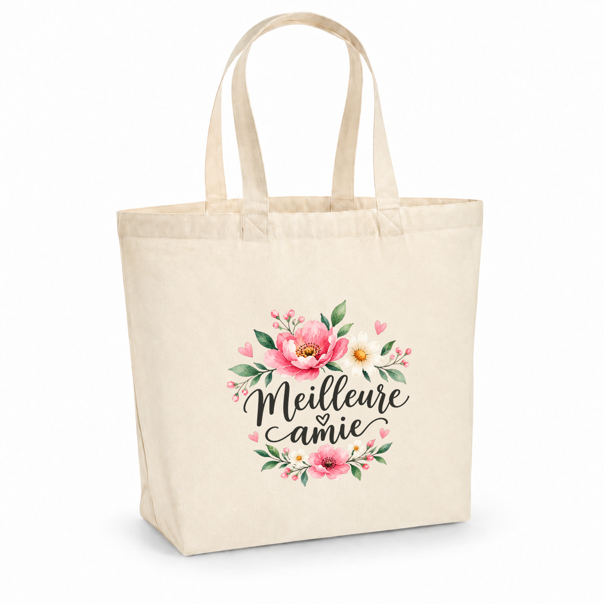 Tote bag meilleure amie « Meilleure amie » Premium, cabas à soufflet en coton naturel 200 g/m² de 18 litres, illustration à l'aquarelle de deux bouquets de pivoines roses