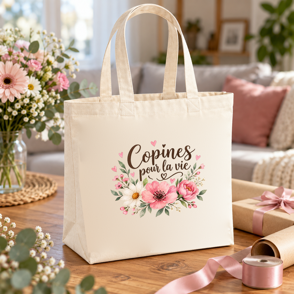 Tote bag amitié « Copines pour la vie » Premium posé sur une table en bois, entre papier cadeau, rubans et bouquet de fleurs