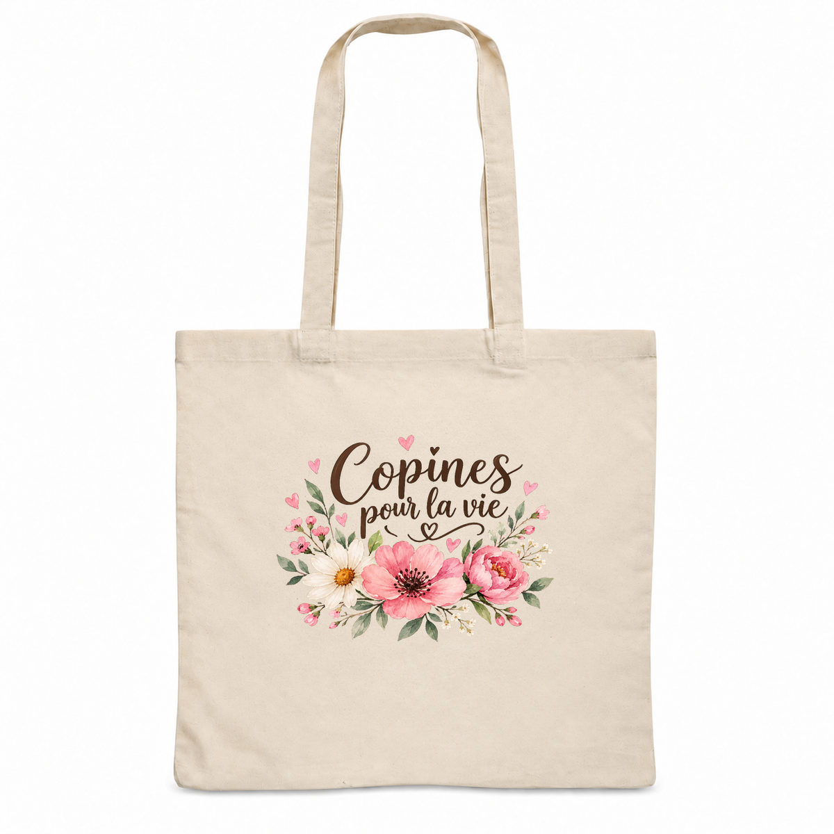 Tote bag amitié « Copines pour la vie » Essentiel, sac plat en coton naturel 140 g/m² de 38 × 42 cm, illustration à l'aquarelle d'un bouquet de pivoines roses et de marguerites