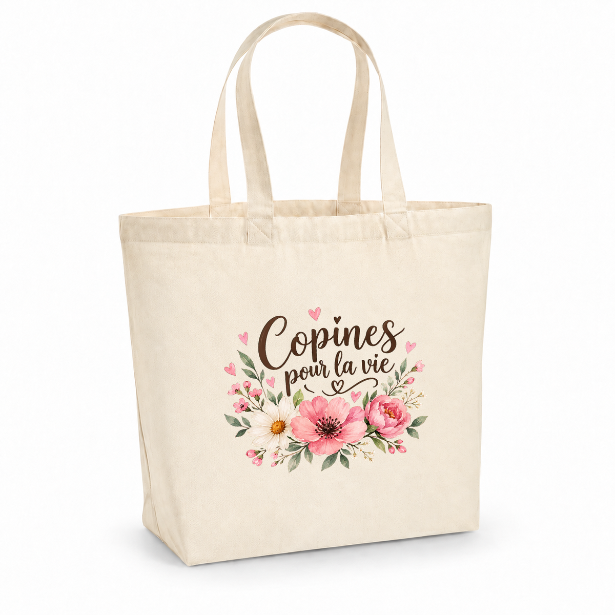 Tote bag amitié « Copines pour la vie » Premium, cabas à soufflet en coton naturel 200 g/m² de 18 litres, illustration à l'aquarelle d'un bouquet de pivoines roses et de marguerites