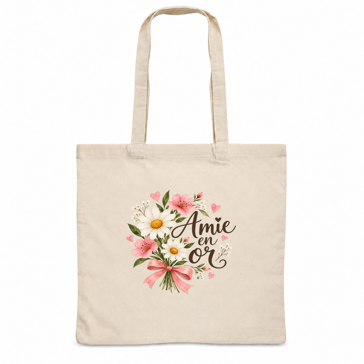 Tote bag amie « Amie en or » Essentiel, sac plat en coton naturel 140 g/m² de 38 × 42 cm, illustration à l'aquarelle d'un bouquet de marguerites et de lys roses