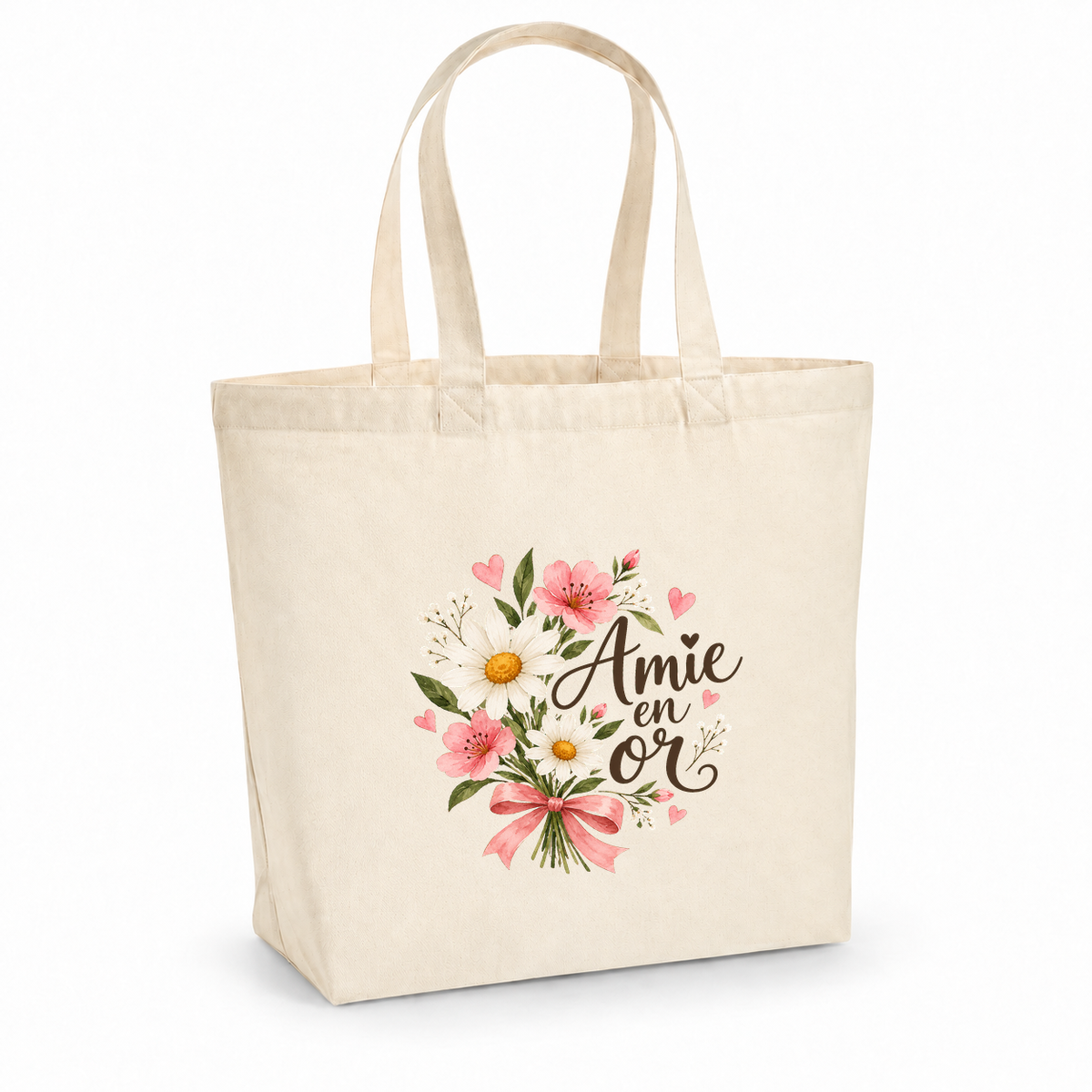 Tote bag amie « Amie en or » Premium, cabas à soufflet en coton naturel 200 g/m² de 18 litres, illustration à l'aquarelle d'un bouquet de marguerites et de lys roses