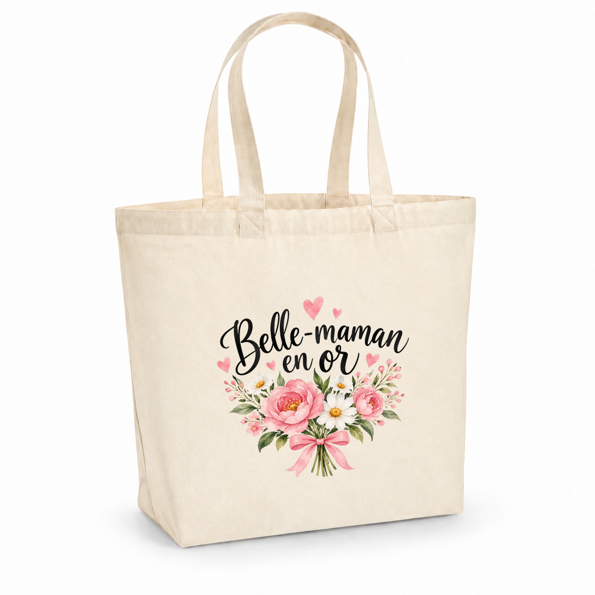 Tote bag belle-maman « Belle-maman en or » Premium, cabas à soufflet en coton naturel 200 g/m² de 18 litres, illustration à l'aquarelle d'un bouquet de pivoines roses et de marguerites