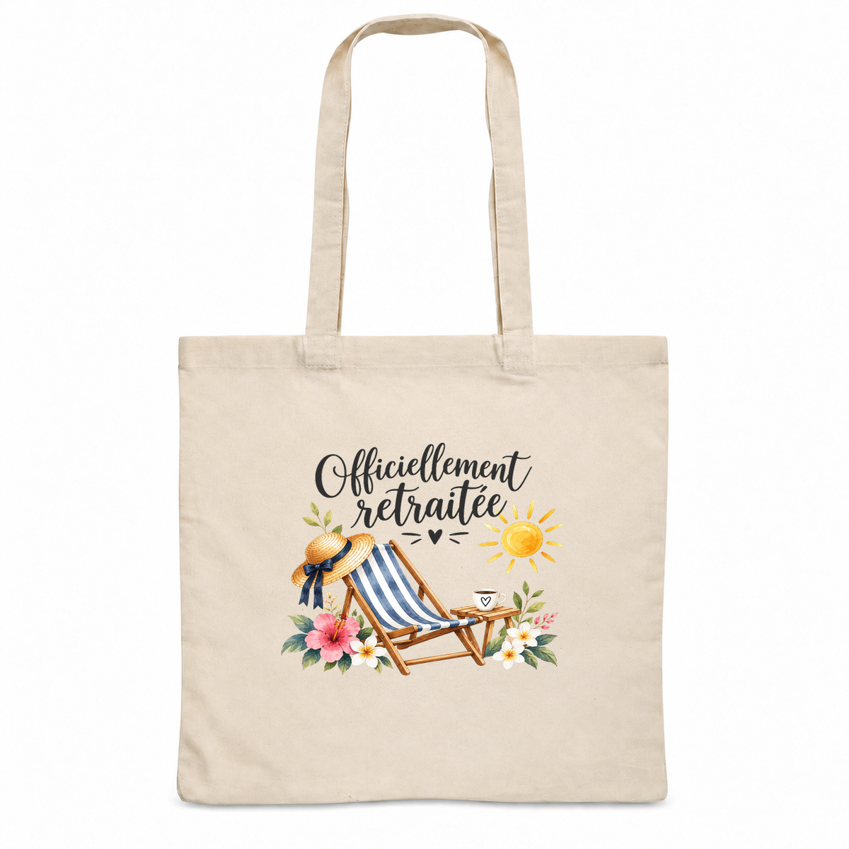 Tote bag retraite « Officiellement retraitée » Essentiel, sac plat en coton naturel 140 g/m² de 38 × 42 cm, illustration à l'aquarelle d'un transat rayé, d'un chapeau de paille et d'un grand soleil