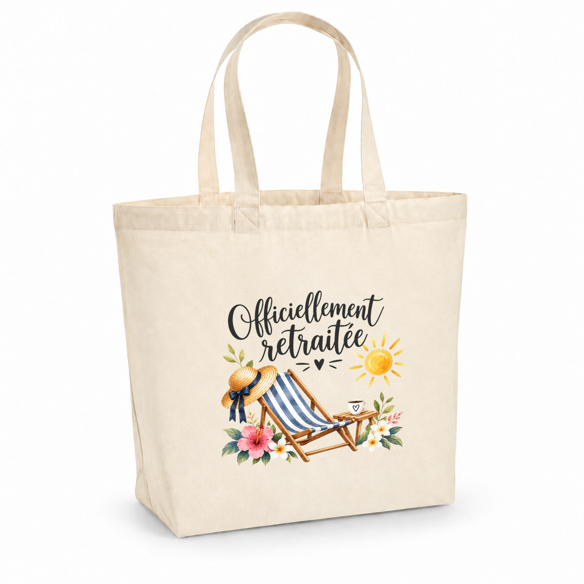 Tote bag retraite « Officiellement retraitée » Premium, cabas à soufflet en coton naturel 200 g/m² de 18 litres, illustration à l'aquarelle d'un transat rayé, d'un chapeau de paille et d'un grand soleil