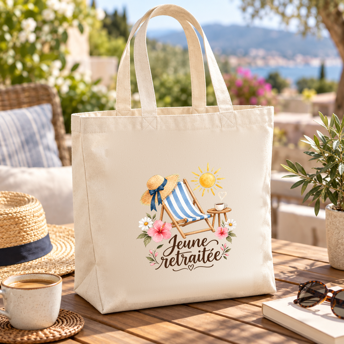Tote bag retraite « Jeune retraitée » Premium posé sur une table de terrasse avec vue sur la mer, à côté d'un chapeau de paille