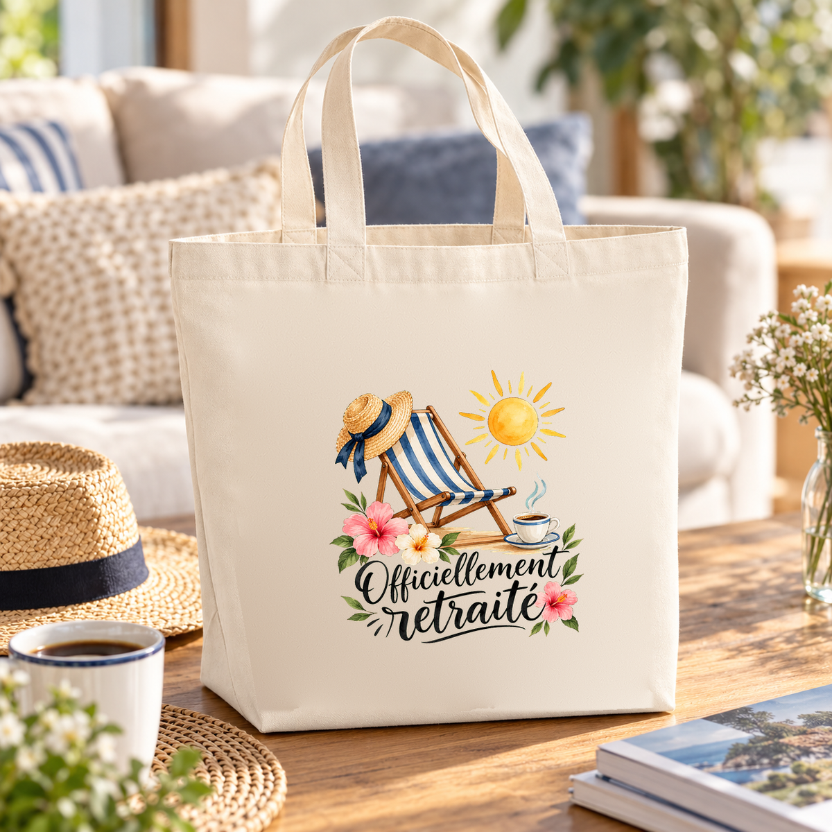 Tote bag retraite « Officiellement retraité » Premium posé sur une table de salon, à côté d'un chapeau de paille et d'une tasse de café