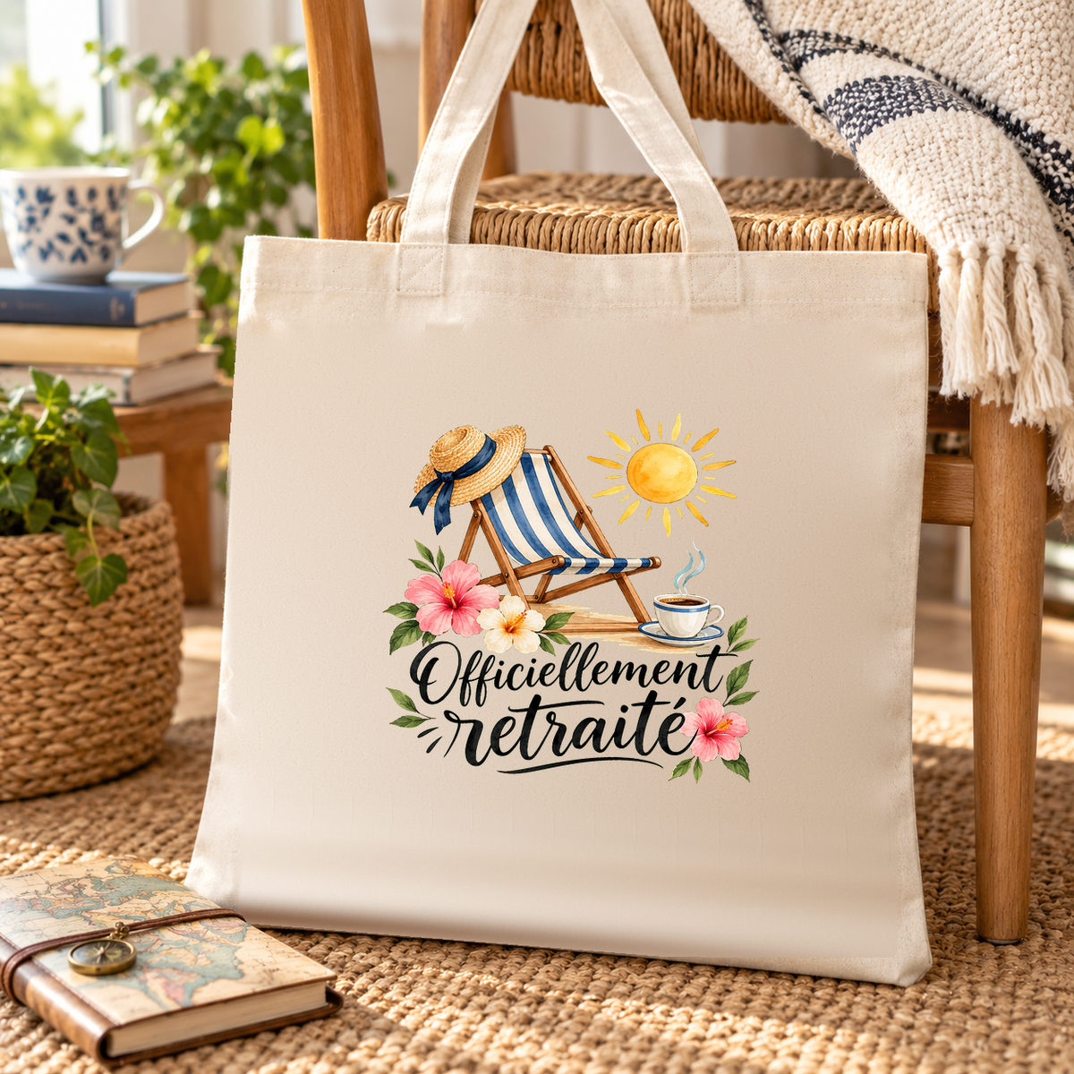 Tote bag retraite « Officiellement retraité » Essentiel posé contre une chaise dans un coin lecture, à côté d'un carnet de voyage