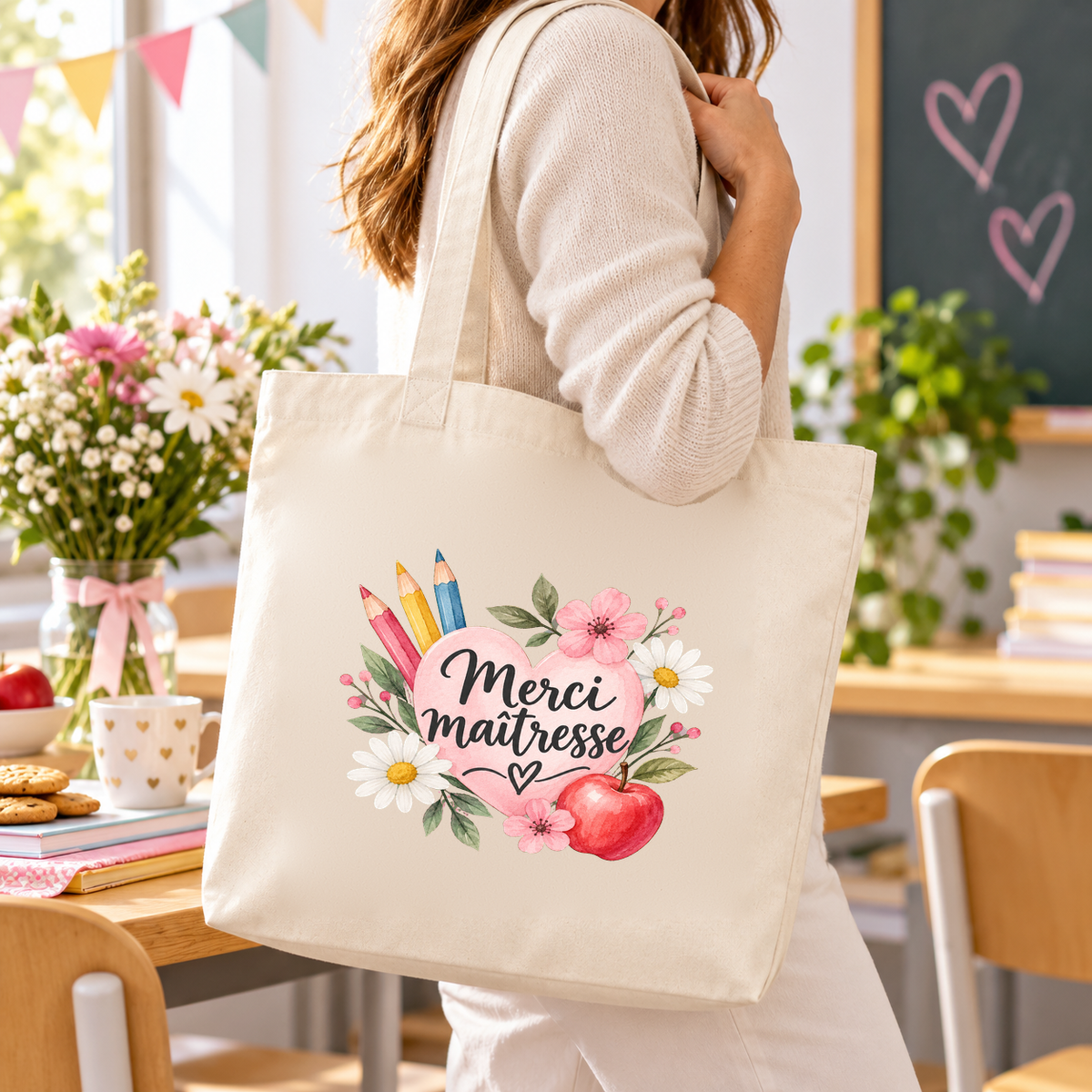 Tote bag maîtresse « Merci maîtresse » Premium porté à l'épaule dans une salle de classe, devant le tableau noir