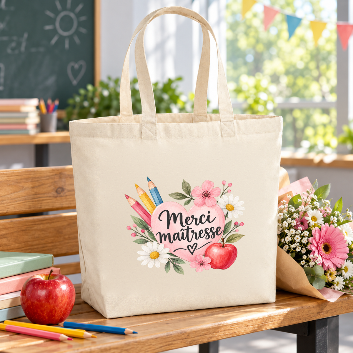 Tote bag maîtresse « Merci maîtresse » Premium posé sur un bureau d'école, à côté d'une pomme rouge et d'un bouquet