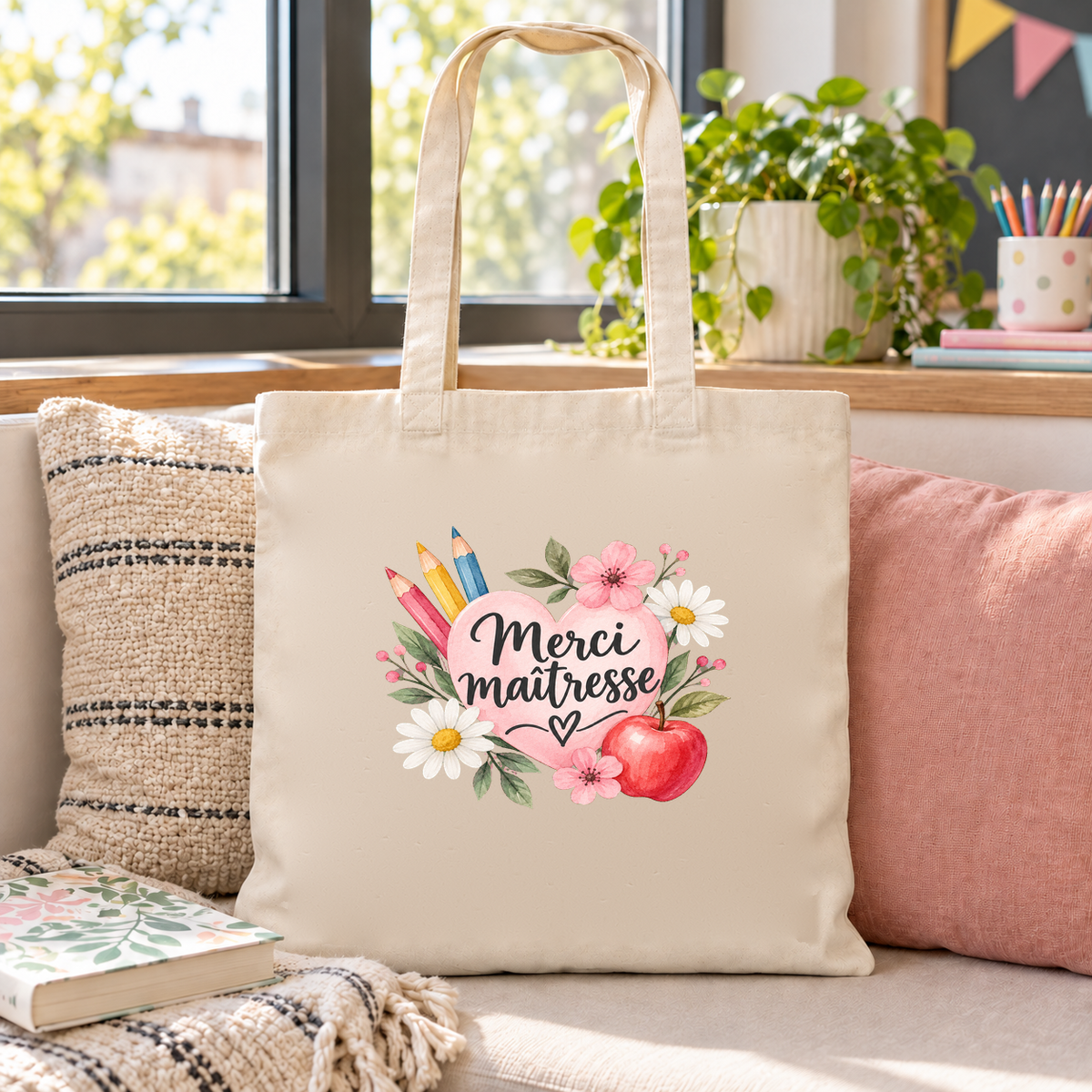 Tote bag maîtresse « Merci maîtresse » Essentiel posé sur une banquette près d'une fenêtre, à côté de livres et de crayons
