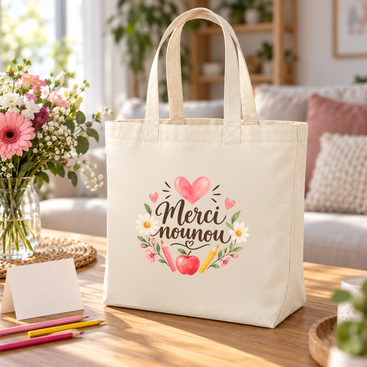 Tote bag nounou « Merci nounou » Premium posé sur une table en bois, à côté d'un bouquet et d'une carte de remerciement