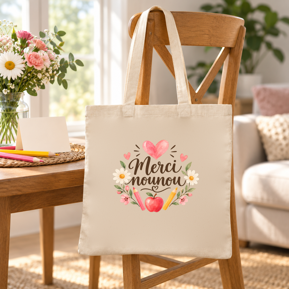 Tote bag nounou « Merci nounou » Essentiel suspendu à une chaise en bois dans un salon lumineux, à côté d'une carte de remerciement