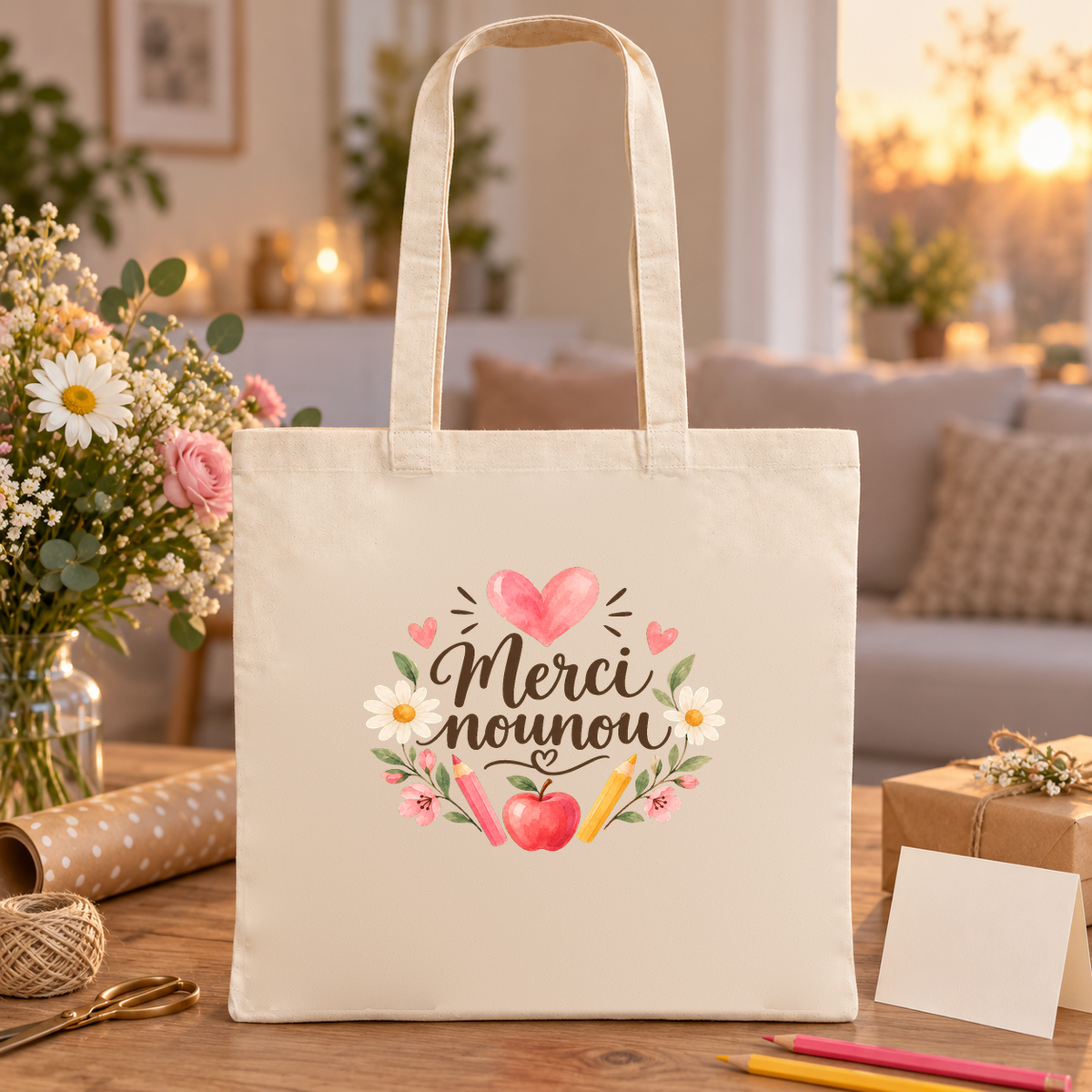 Tote bag nounou « Merci nounou » Essentiel posé sur une table de salon à la lumière du soir, à côté d'une carte et de crayons de couleur