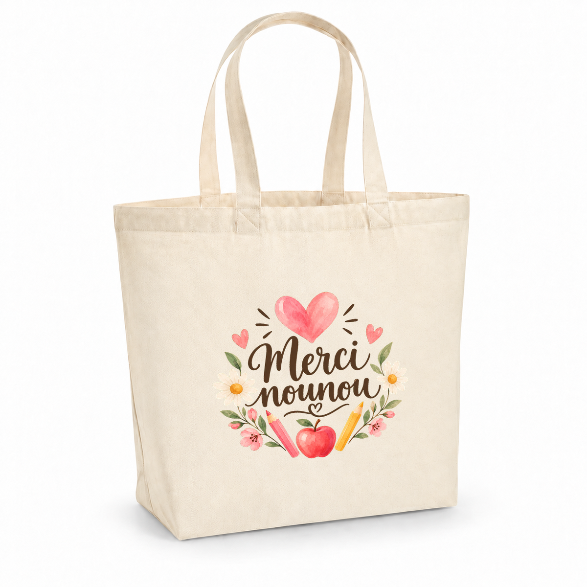 Tote bag nounou « Merci nounou » Premium, cabas à soufflet en coton naturel 200 g/m² de 18 litres, illustration à l'aquarelle d'un grand cœur rose, de crayons de couleur et d'une pomme