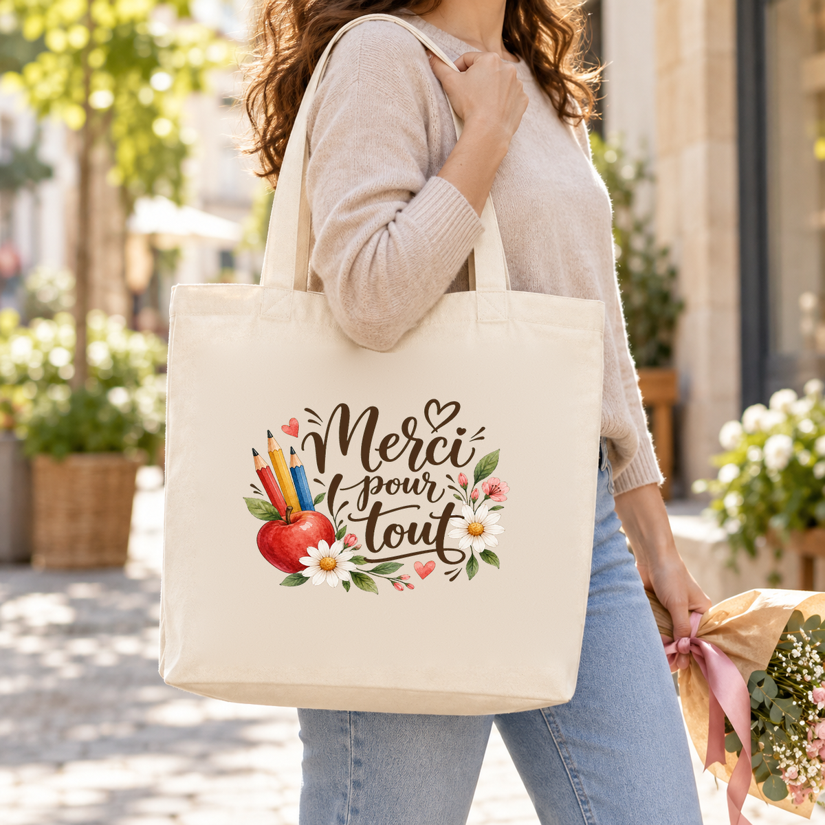 Tote bag maîtresse « Merci pour tout » Premium porté à l'épaule dans une rue ensoleillée, un bouquet à la main