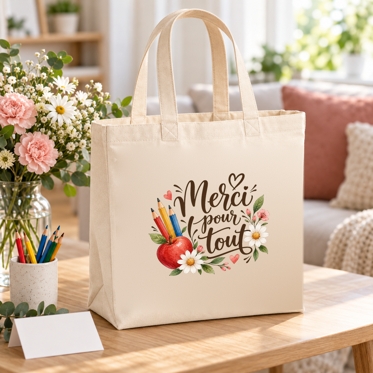 Tote bag maîtresse « Merci pour tout » Premium posé sur une table, à côté d'un bouquet, d'un pot de crayons et d'une carte