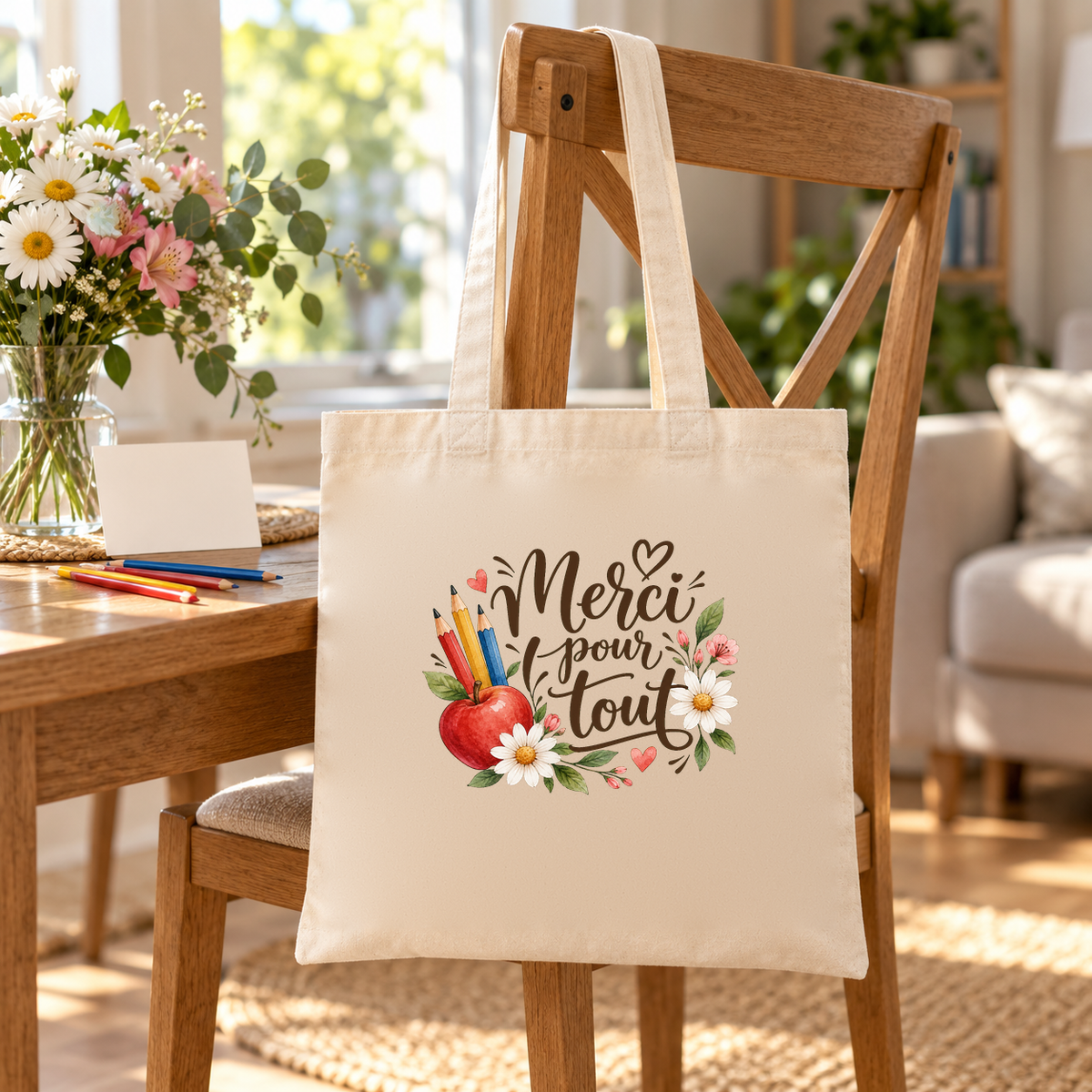 Tote bag maîtresse « Merci pour tout » Essentiel suspendu à une chaise, à côté d'un bouquet et d'une carte