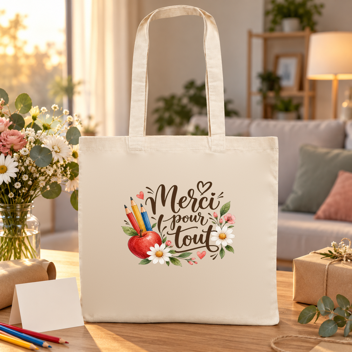 Tote bag maîtresse « Merci pour tout » Essentiel posé sur une table à côté d'un bouquet, d'une carte et de crayons