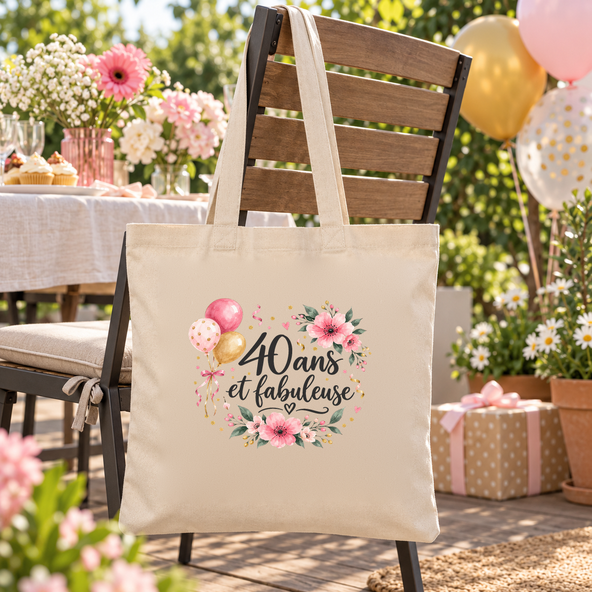 Tote bag anniversaire « 40 ans et fabuleuse » Essentiel suspendu à une chaise de jardin en bois, devant des ballons et des cadeaux