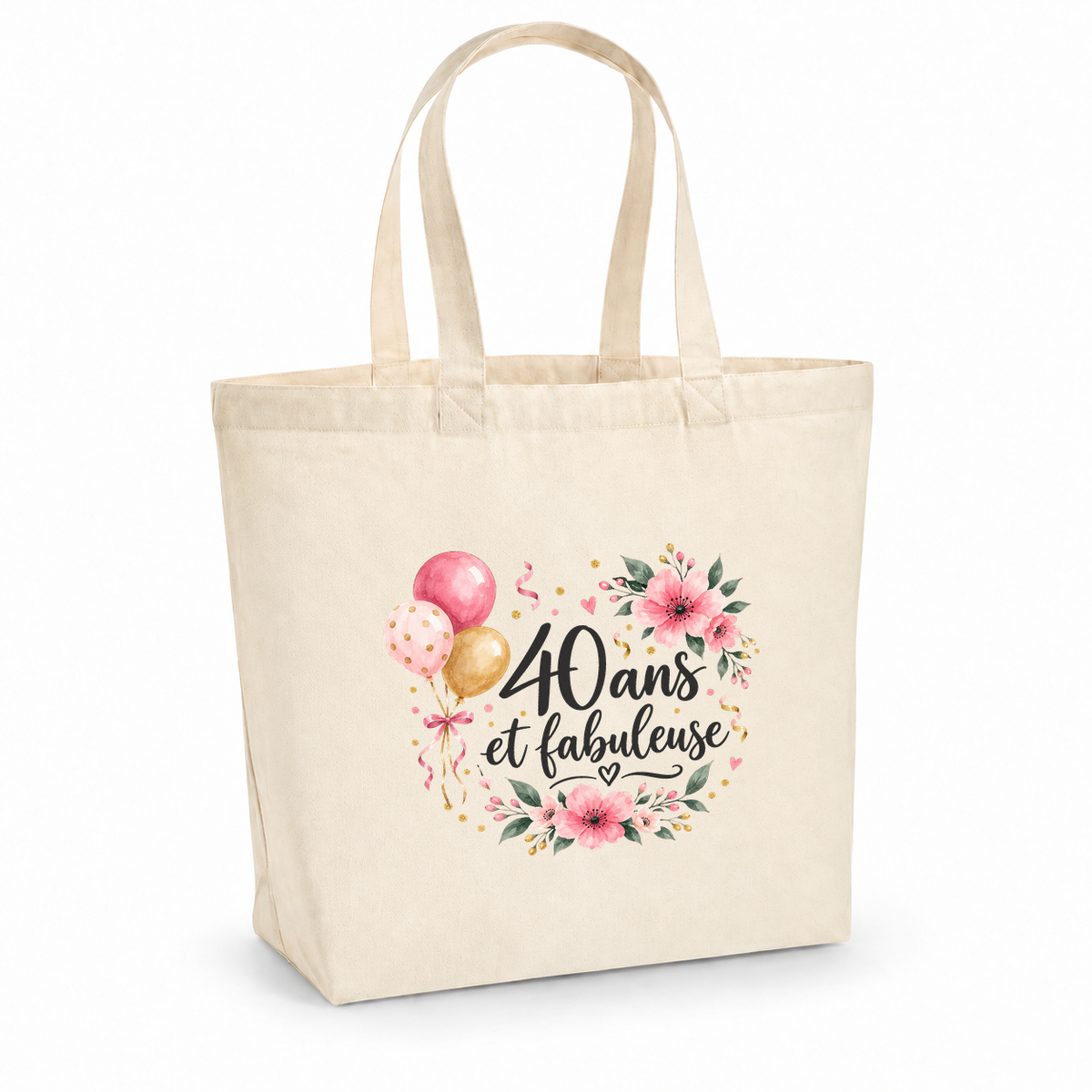 Tote bag anniversaire « 40 ans et fabuleuse » Premium, cabas à soufflet en coton naturel 200 g/m² de 18 litres, illustration à l'aquarelle de ballons et d'une couronne de fleurs roses