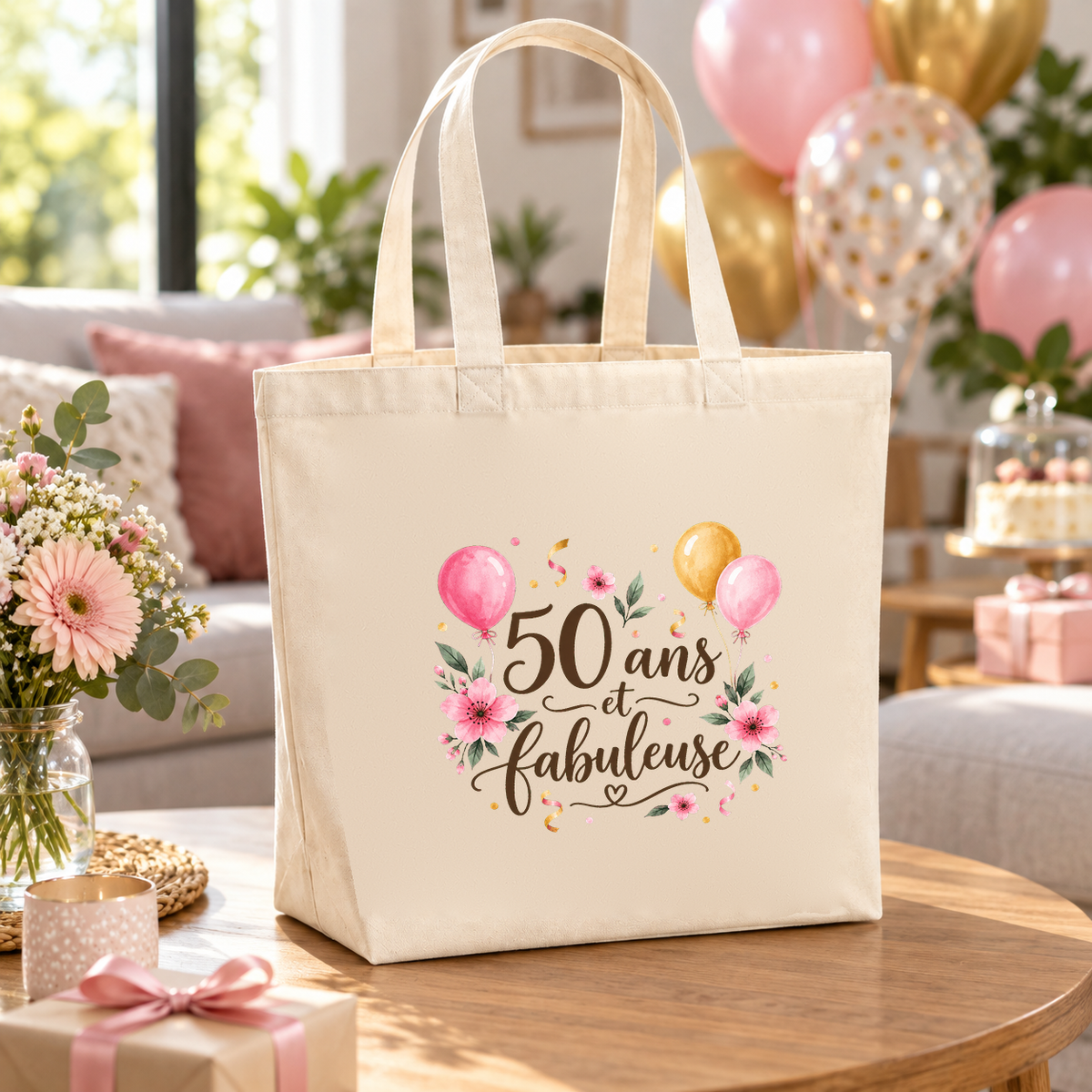 Tote bag anniversaire « 50 ans et fabuleuse » Premium posé sur une table de salon, entre ballons roses et dorés et un bouquet