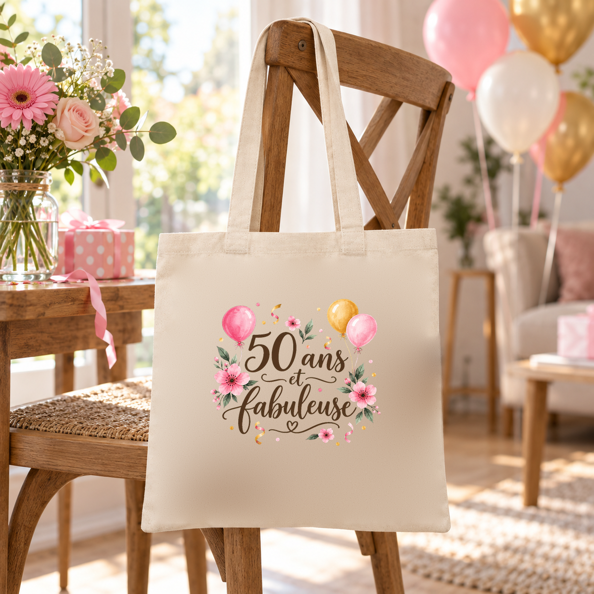 Tote bag anniversaire « 50 ans et fabuleuse » Essentiel suspendu à une chaise en bois dans un salon décoré de ballons