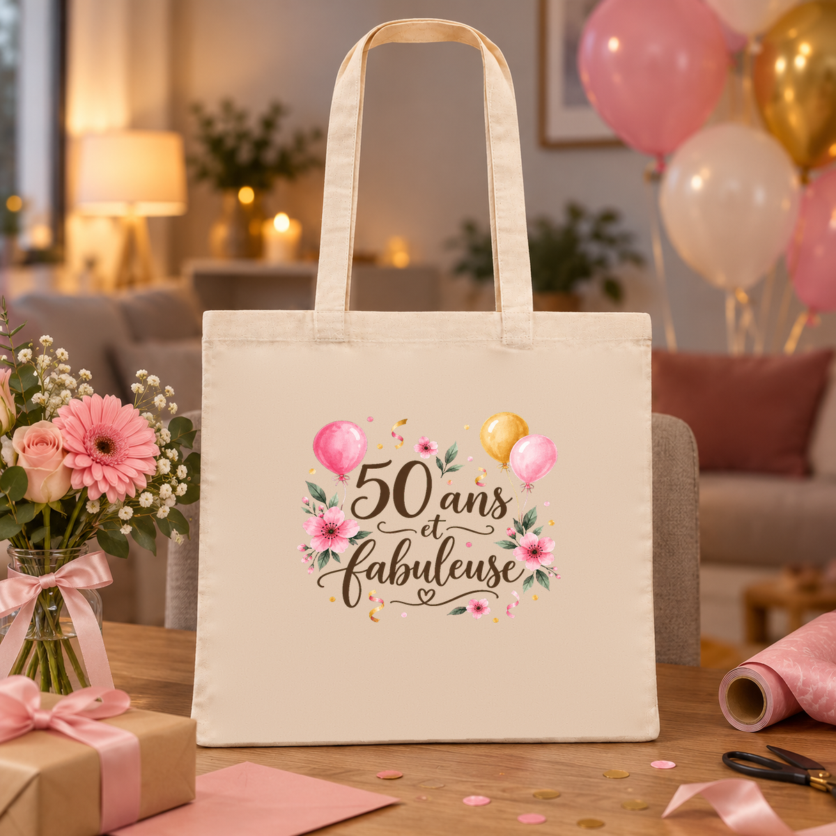 Tote bag anniversaire « 50 ans et fabuleuse » Essentiel posé sur une table de salon à la lumière du soir, entre ballons et papier cadeau