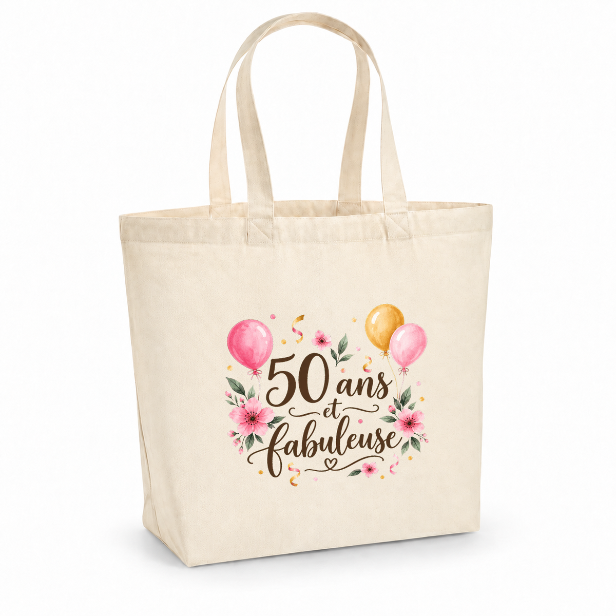 Tote bag anniversaire « 50 ans et fabuleuse » Premium, cabas à soufflet en coton naturel 200 g/m² de 18 litres, illustration à l'aquarelle de ballons roses et dorés et de fleurs roses