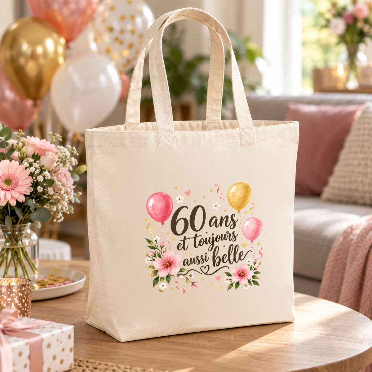 Tote bag anniversaire « 60 ans et toujours aussi belle » Premium posé sur une table de fête, à côté d'un bouquet et de ballons