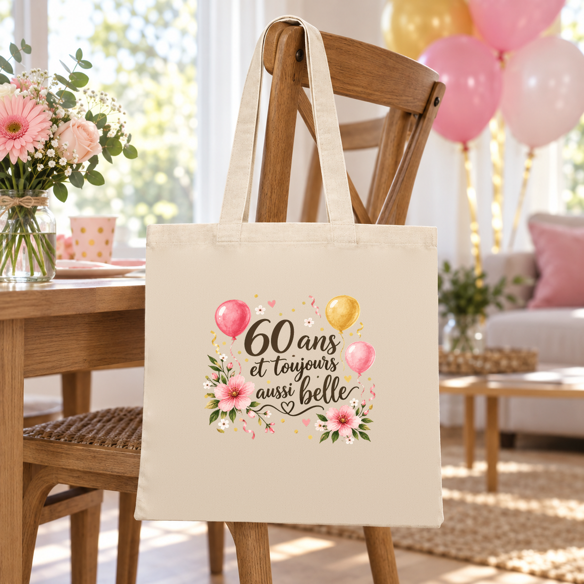 Tote bag anniversaire « 60 ans et toujours aussi belle » Essentiel suspendu à une chaise, des ballons en fond