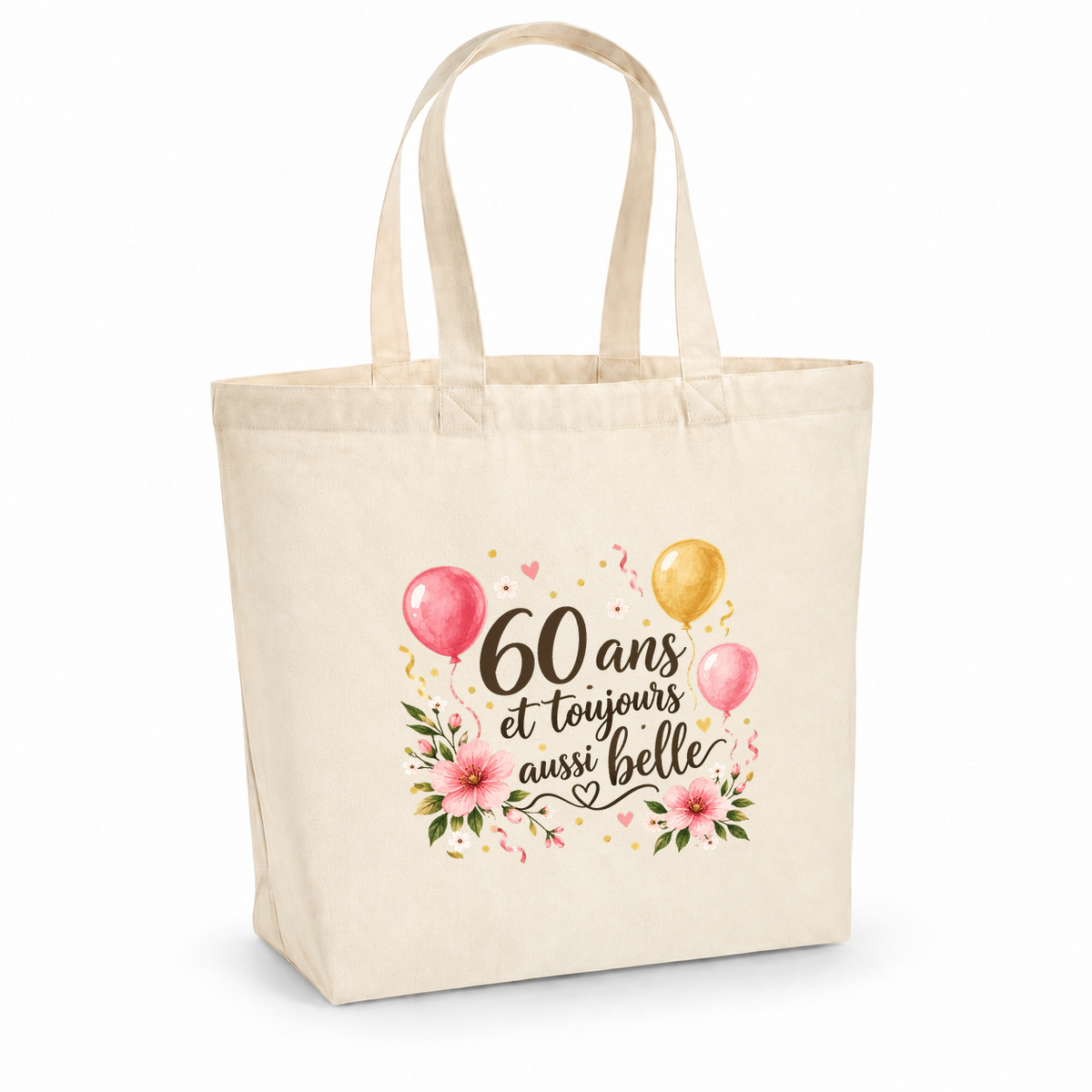 Tote bag anniversaire « 60 ans et toujours aussi belle » Premium, cabas à soufflet en coton naturel 200 g/m² de 18 litres, illustration à l'aquarelle de ballons, de confettis et de fleurs roses