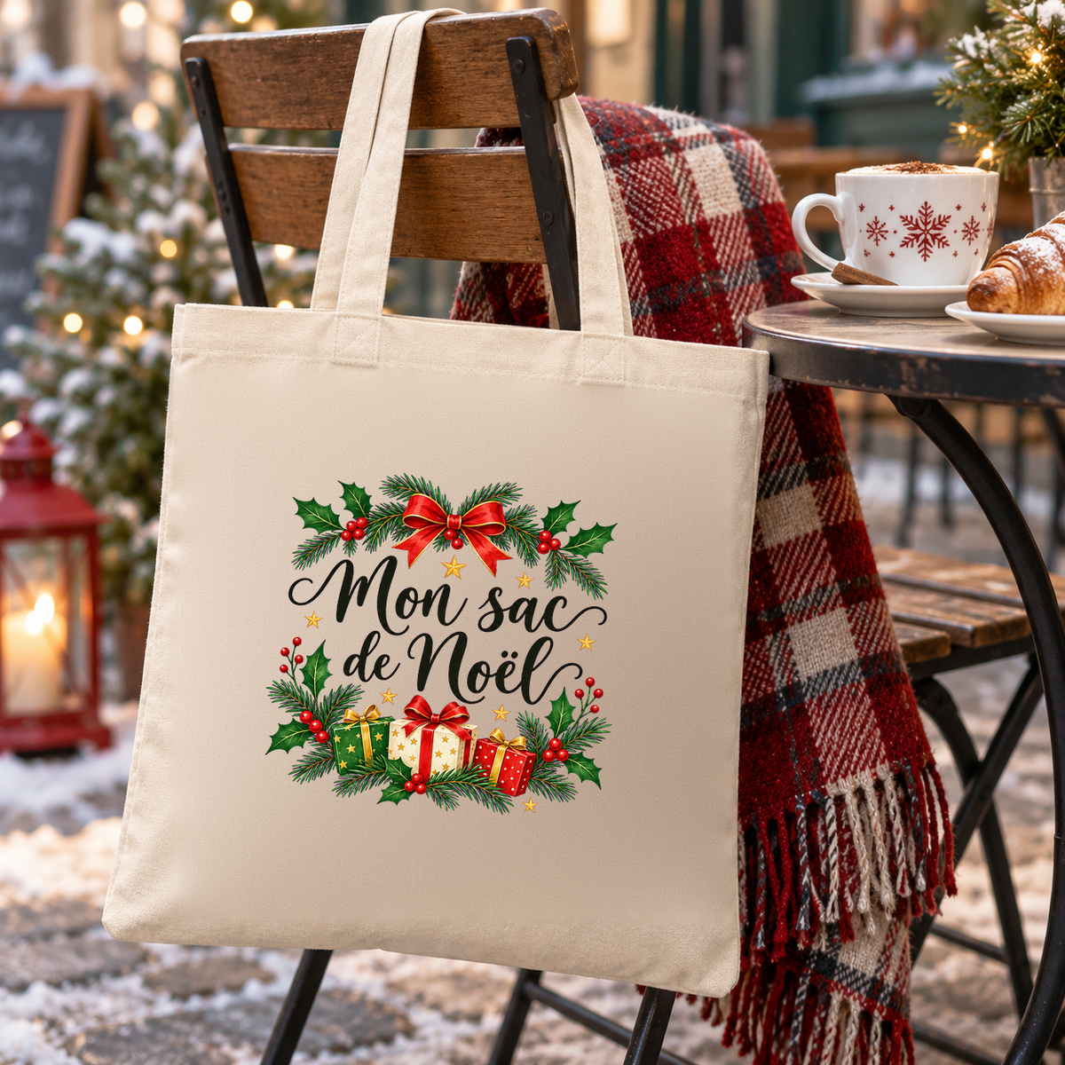 Tote bag de Noël « Mon sac de Noël » Essentiel suspendu à une chaise de terrasse, à côté d'un plaid écossais et d'une tasse