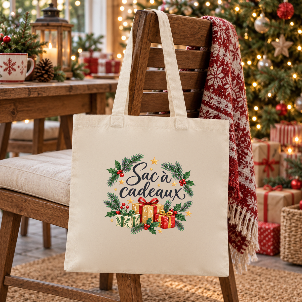 Tote bag de Noël « Sac à cadeaux » Essentiel suspendu à une chaise en bois, à côté d'un plaid écossais rouge
