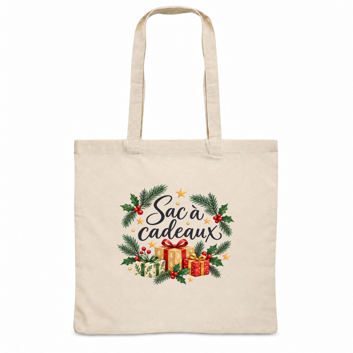 Tote bag de Noël « Sac à cadeaux » Essentiel, sac plat en coton naturel 140 g/m² de 38 × 42 cm, illustration à l'aquarelle de sapin, de houx et de cadeaux emballés