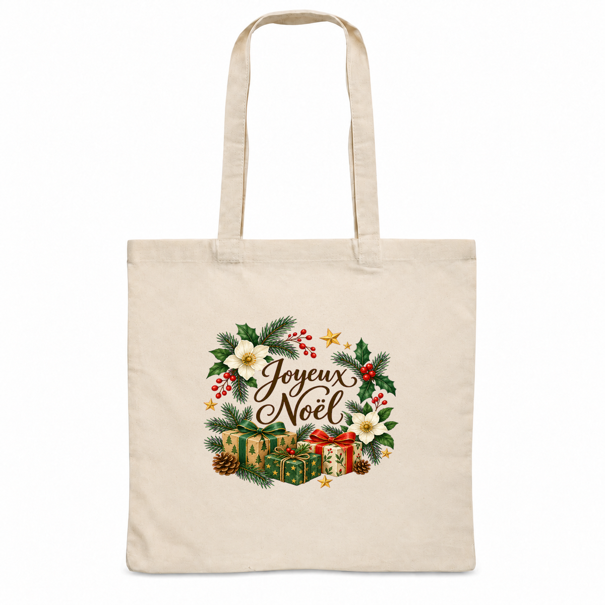 Tote bag Noël « Joyeux Noël » Essentiel, sac plat en coton naturel 140 g/m² de 38 × 42 cm, illustration à l'aquarelle d'une couronne de sapin, de houx et de cadeaux
