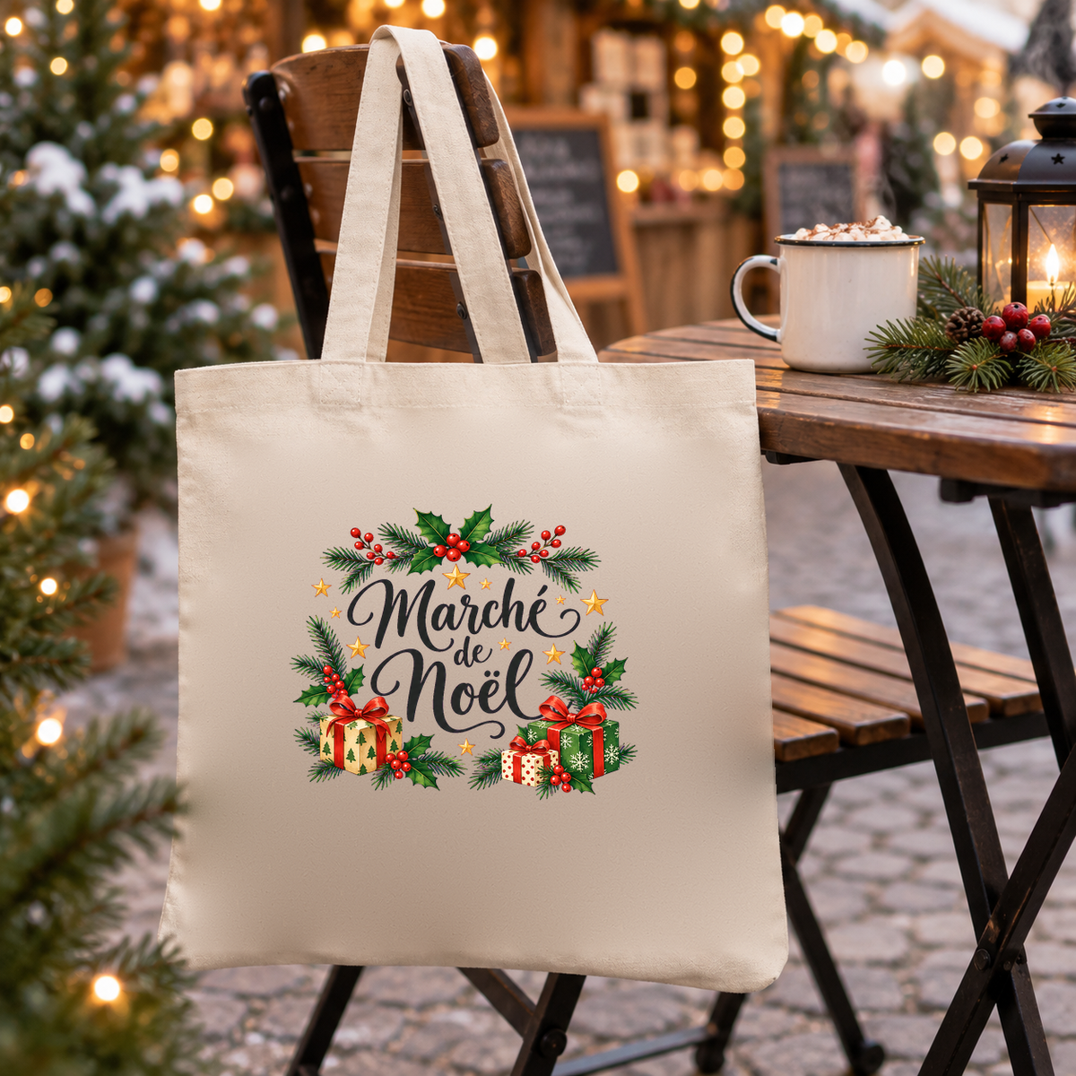 Tote bag de Noël « Marché de Noël » Essentiel suspendu à une chaise de terrasse du marché, à côté d'un chocolat chaud et d'une lanterne
