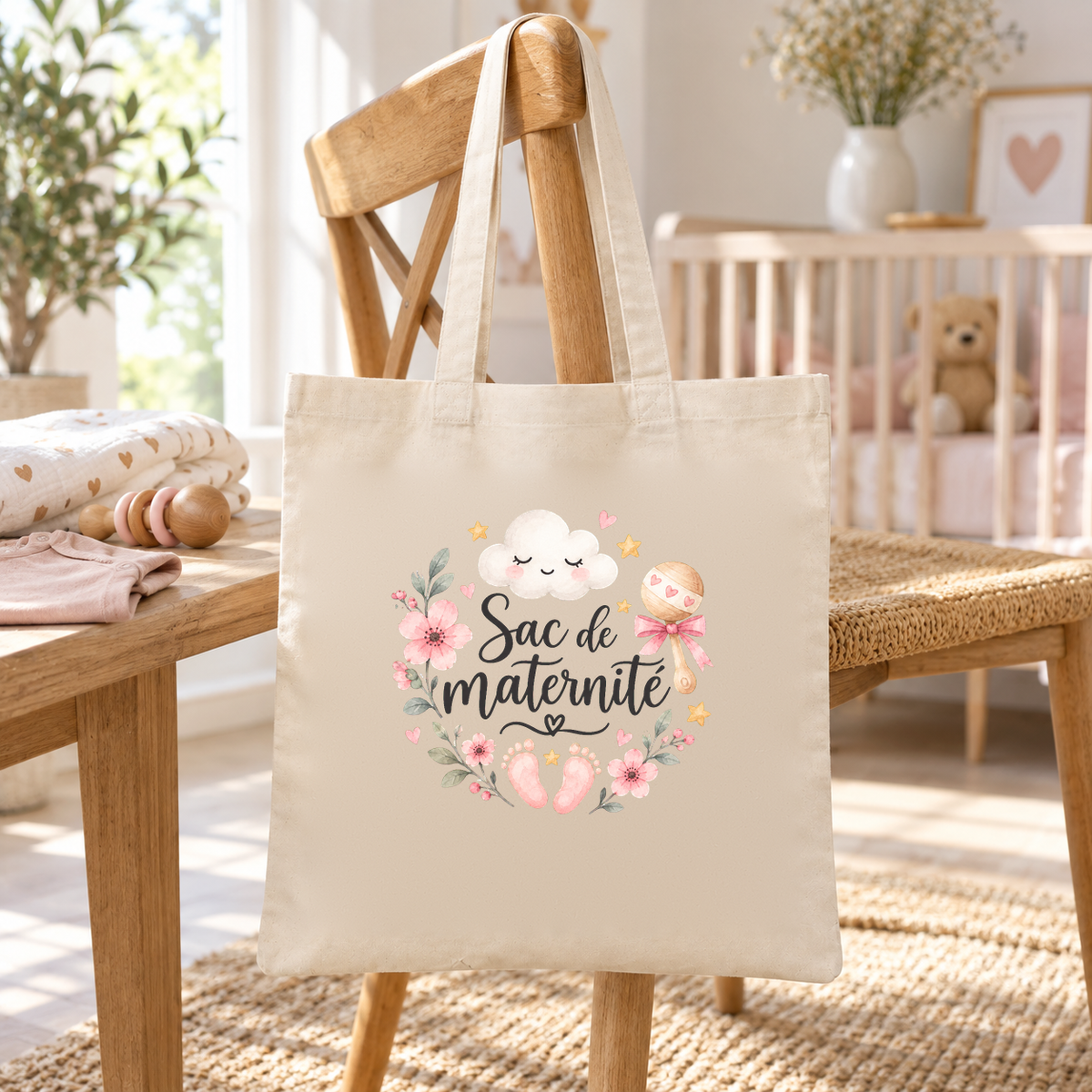 Tote bag maternité « Sac de maternité » Essentiel suspendu à une chaise en bois dans une chambre de bébé, à côté d'un berceau