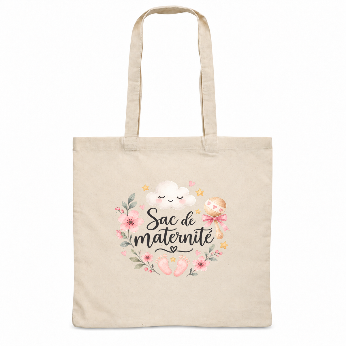 Tote bag maternité « Sac de maternité » Essentiel, sac plat en coton naturel 140 g/m² de 38 × 42 cm, illustration à l'aquarelle d'un petit nuage, d'un hochet et de petits pieds