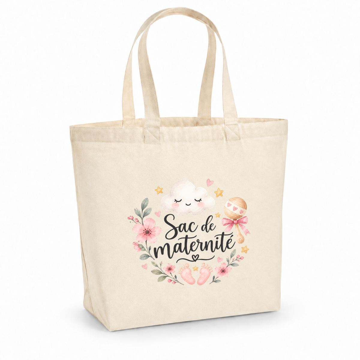 Tote bag maternité « Sac de maternité » Premium, cabas à soufflet en coton naturel 200 g/m² de 18 litres, illustration à l'aquarelle d'un petit nuage, d'un hochet et de petits pieds