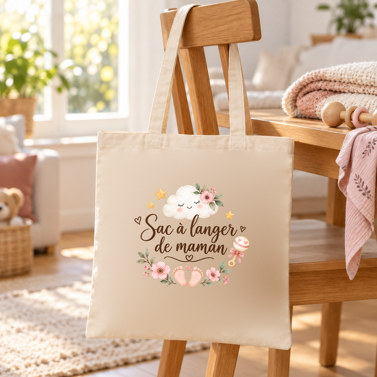 Tote bag naissance « Sac à langer de maman » Essentiel suspendu à une chaise en bois dans un salon lumineux, à côté d'un plaid