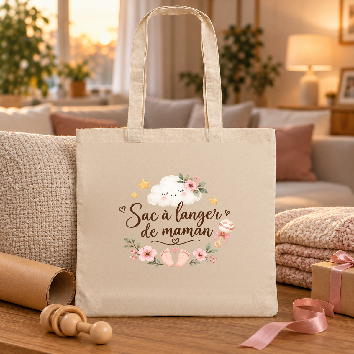 Tote bag naissance « Sac à langer de maman » Essentiel posé sur une table de salon à la lumière du soir, à côté d'un hochet en bois et d'un cadeau