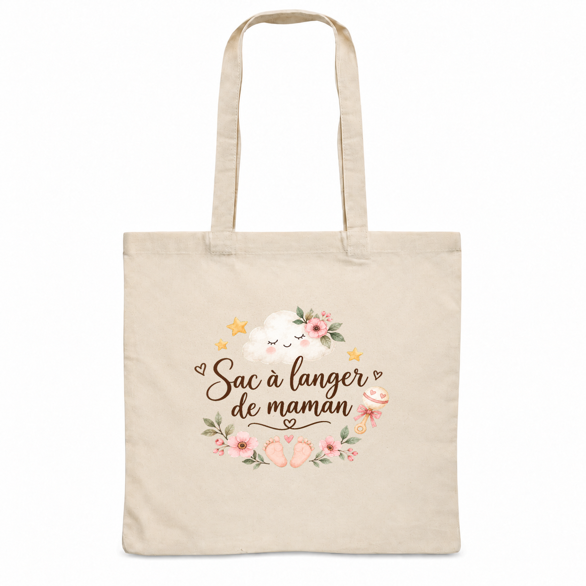 Tote bag naissance « Sac à langer de maman » Essentiel, sac plat en coton naturel 140 g/m² de 38 × 42 cm, illustration à l'aquarelle d'un petit nuage, d'un hochet et de petits pieds