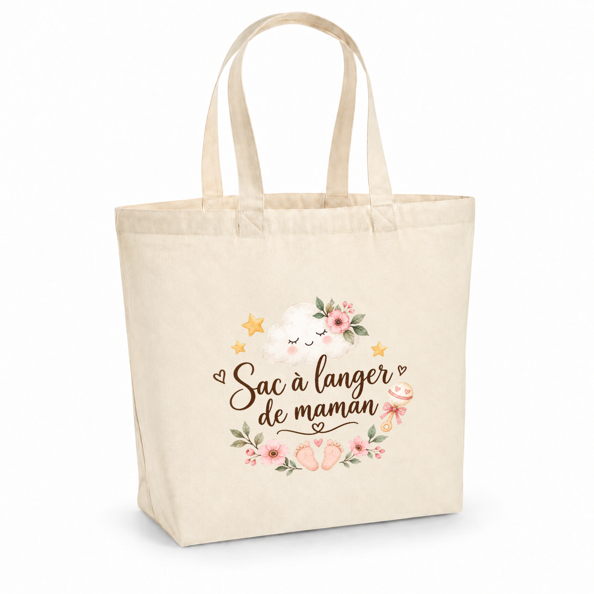 Tote bag naissance « Sac à langer de maman » Premium, cabas à soufflet en coton naturel 200 g/m² de 18 litres, illustration à l'aquarelle d'un petit nuage, d'un hochet et de petits pieds