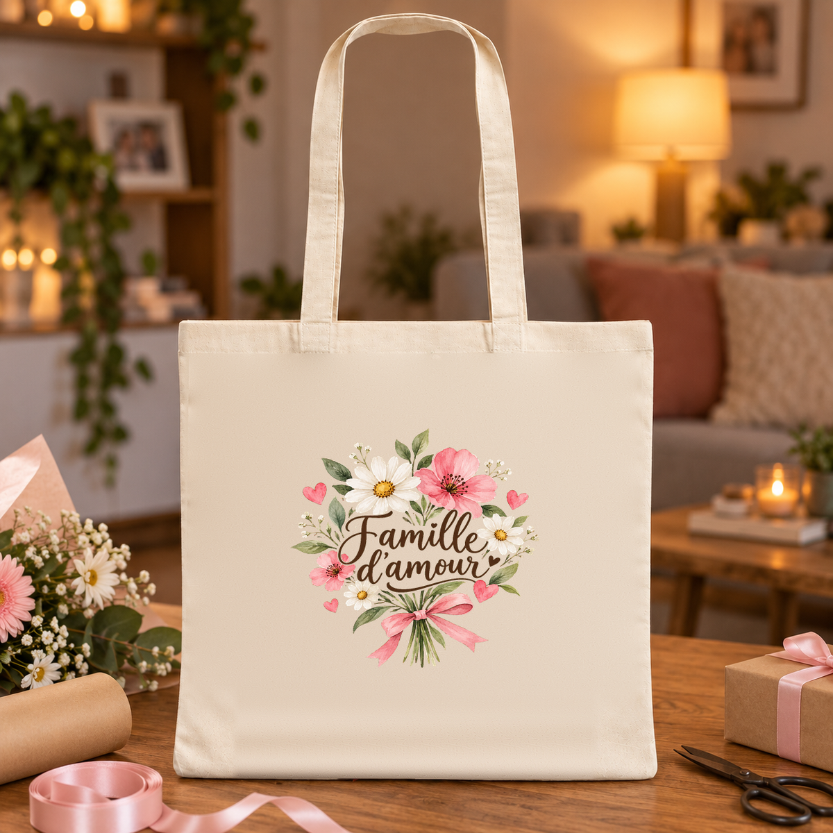 Tote bag famille « Famille d'amour » Essentiel posé sur une table entre ruban rose, ciseaux et cadeaux, à la lueur d'une lampe