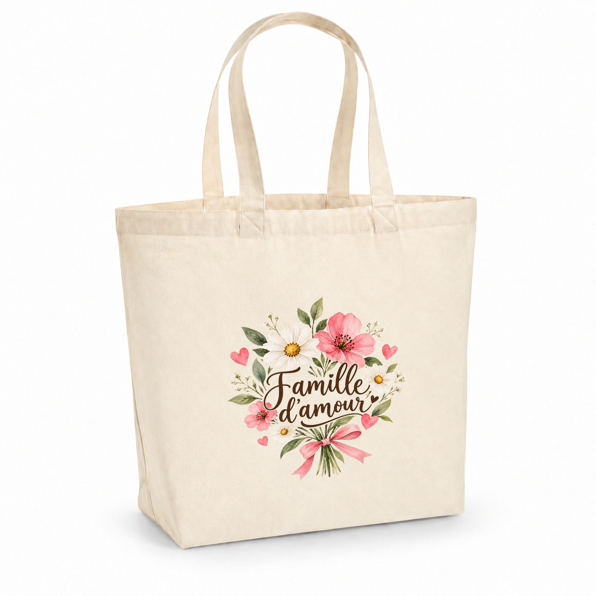 Tote bag famille « Famille d'amour » Premium, cabas à soufflet en coton naturel 200 g/m² de 18 litres, illustration à l'aquarelle d'un bouquet de fleurs roses et blanches noué d'un ruban