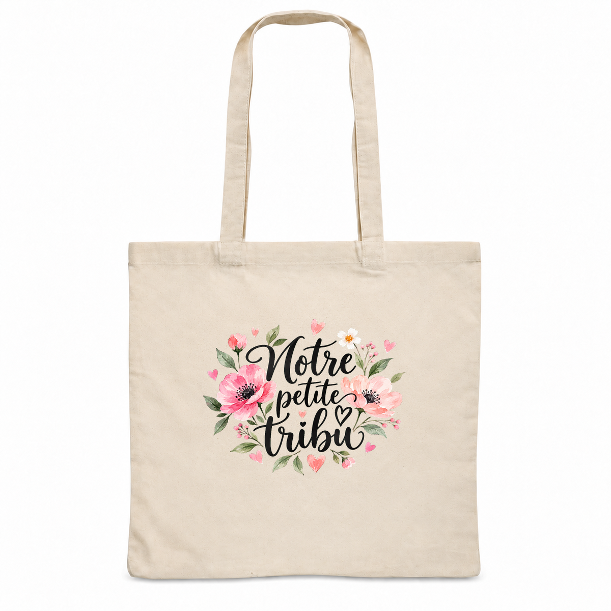 Tote bag famille « Notre petite tribu » Essentiel, sac plat en coton naturel 140 g/m² de 38 × 42 cm, illustration à l'aquarelle d'anémones roses et de petits cœurs