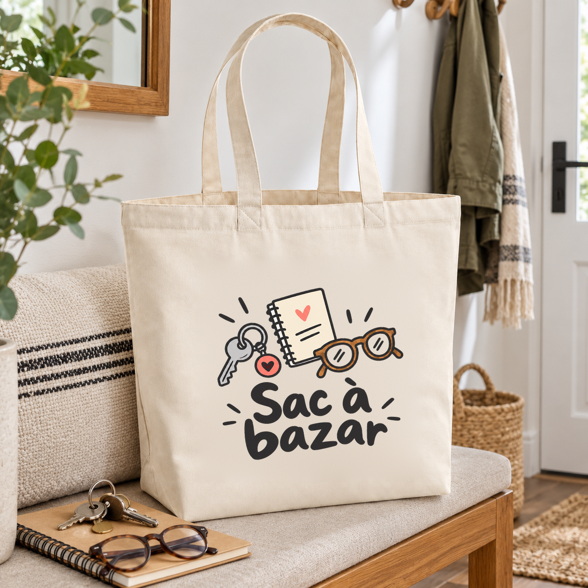 Tote bag « Sac à bazar » Premium posé sur un banc d'entrée, à côté de lunettes et d'un carnet
