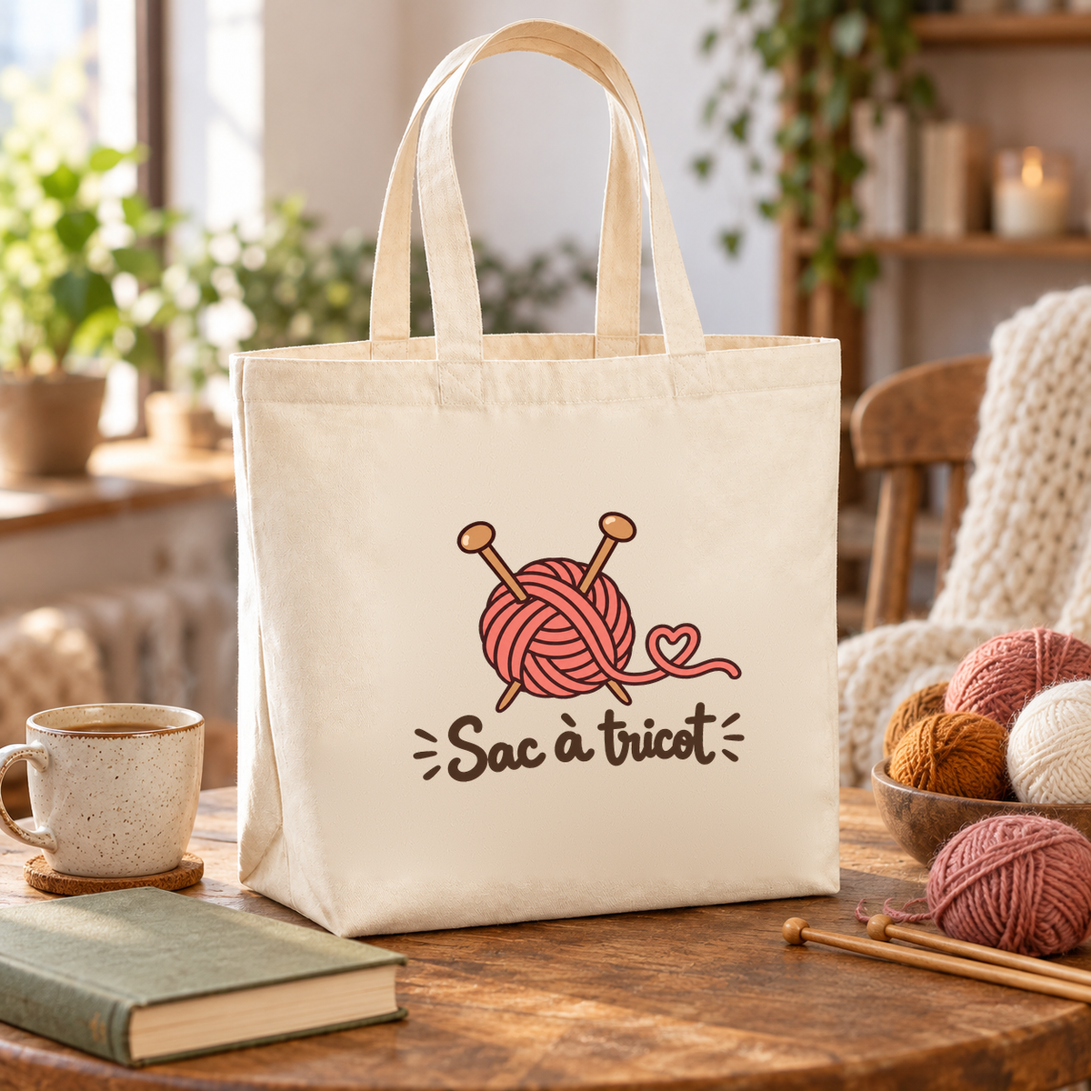 Tote bag « Sac à tricot » Premium posé sur une table, à côté d'une tasse, d'un livre et de pelotes